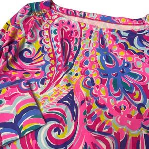 Lilly Pulitzer Hollee Dress XXS Pink Blue Paisley Long Sleeve Gold Button 17412